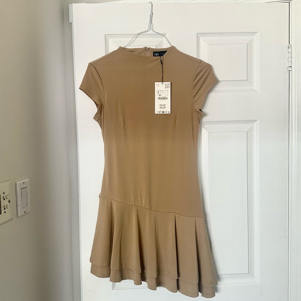 Zara Tan Asymmetrical Drop-Waist Dress